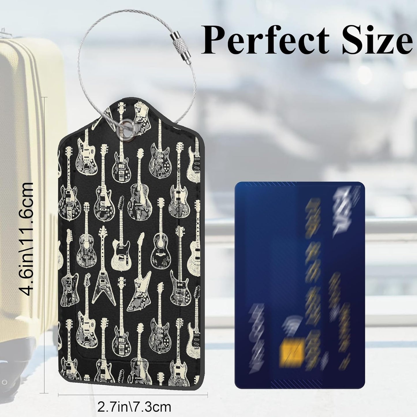 Set of 2 Luggage Tags for Suitcases, Leather Colorful Guitar Music Baggage Tags with Stainless Steel Loop, Privacy Name ID Card Cover Travel Labels for Women Men Kids Girls