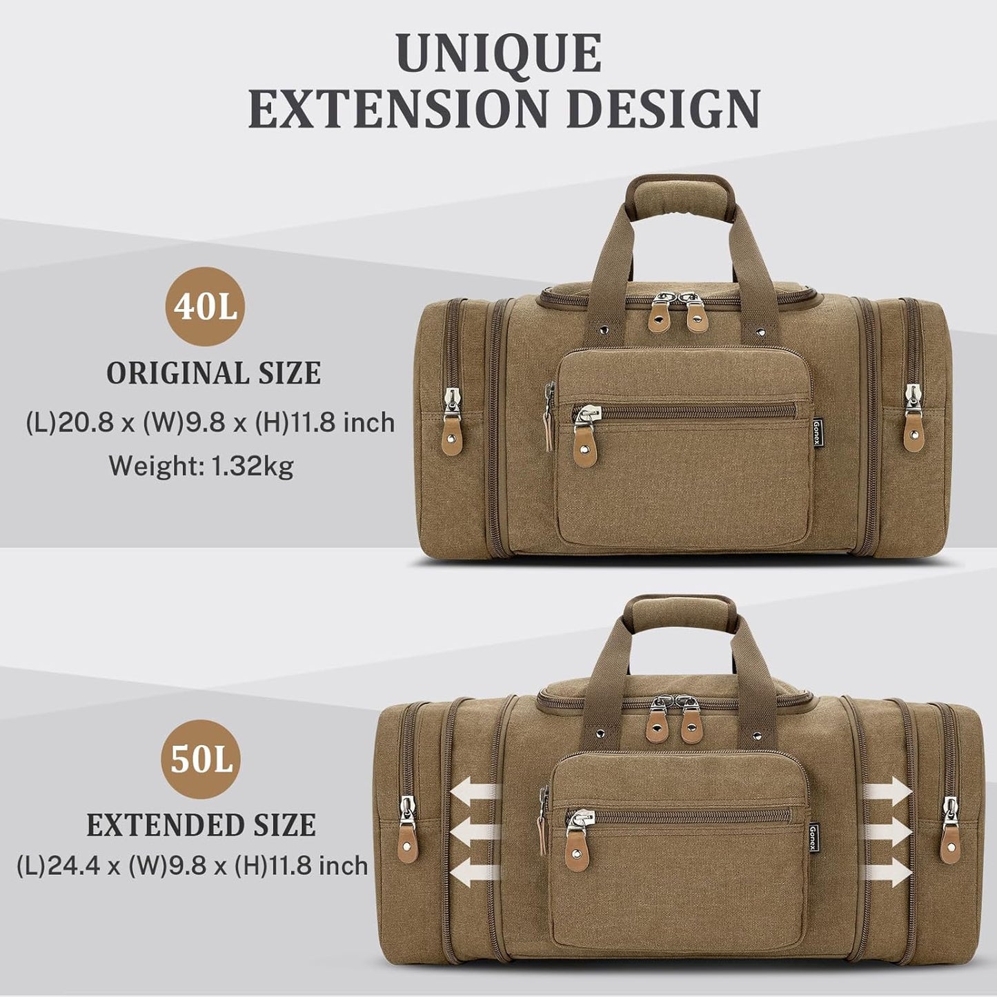 Gonex Canvas Duffle Bag for Travel, 50L Duffel Overnight Weekend Bag(Coffee)