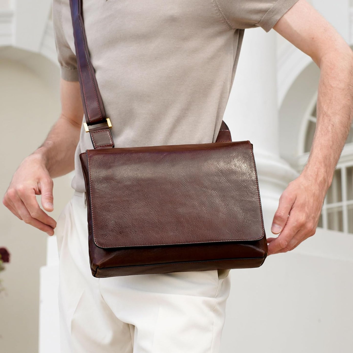 Time Resistance Leather Messenger Bag for Men - Crossbody Bag - Full Grain Leather - Tablet Sized Shoulder Bag