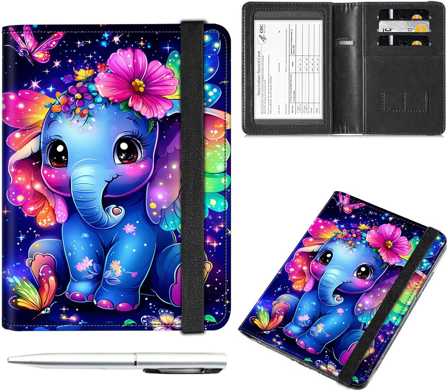 Passport and Vaccine Card Holder Cover Combo,Travel Passport Holder Wallet with RFID Blocking, Leather Vaccine Card Slot Passport Cover Case for Women & Men,Cute Cartoon Baby Elephant