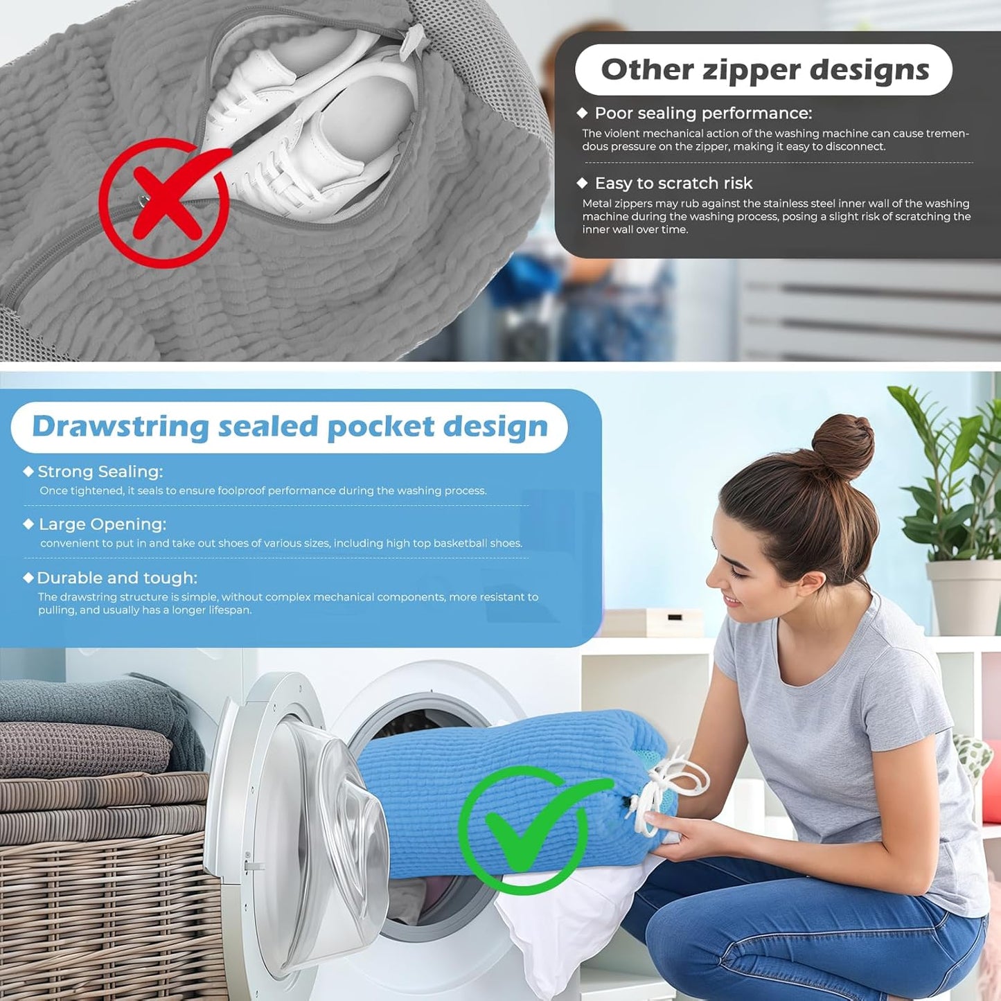 2Pcs Shoe Washing Machine Bag, Reusable Shoe Laundry Bag, Sneaker Washing Machine Bags, Shoe Cleaning Wash Bag with 360° Cleaning Fibers & Adjustable Drawstring, Fits Most Shoes Washer (Blue)