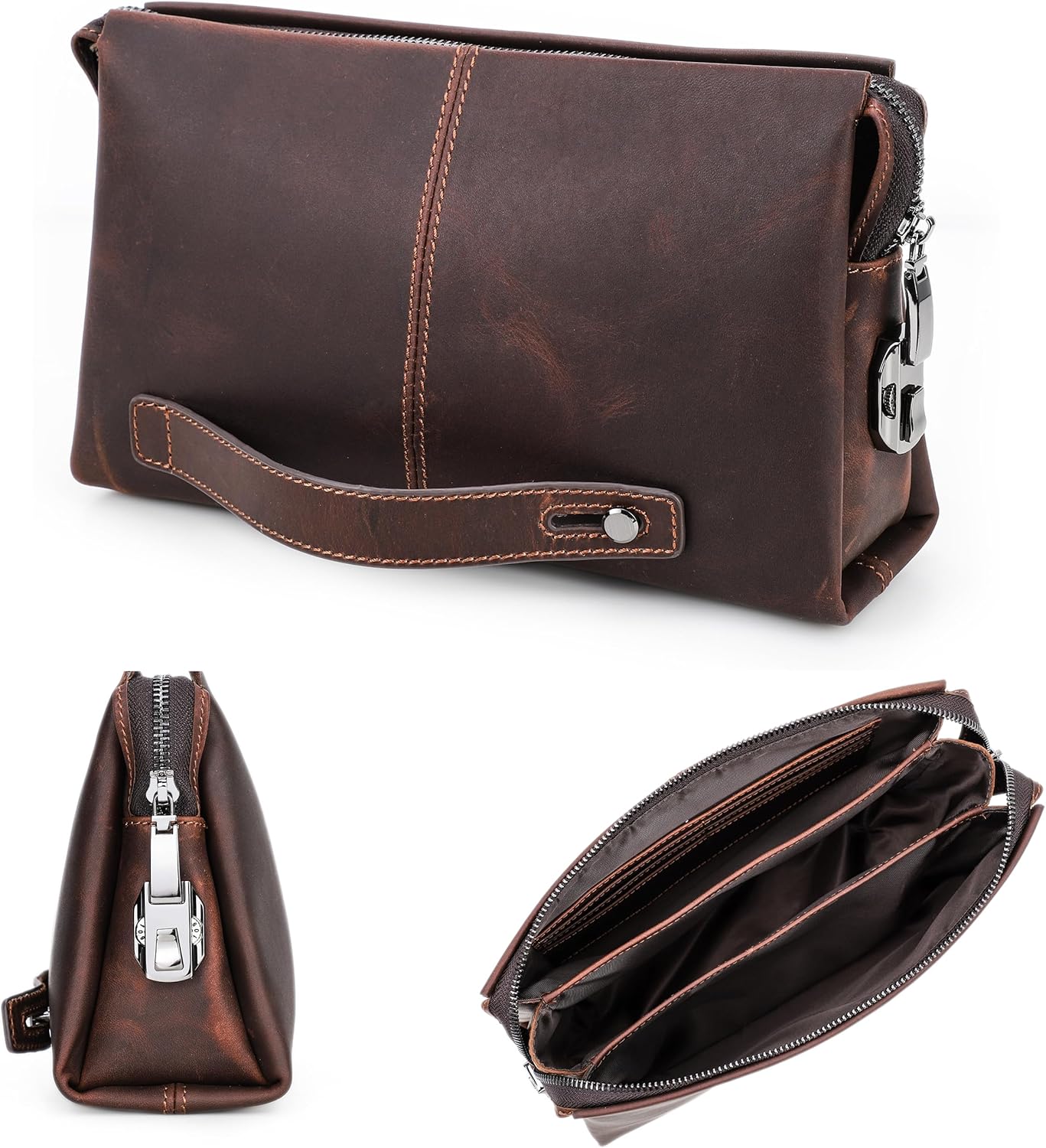 Top Grain Genuine Leather Clutch Wallet Purse for Man & Woman, Handmade Retro Design, Combination Lock & Retractable Strap & Multi Pockets/Slots, Portable RFID for Cards/Checks/Phone/Banknote, Coffee