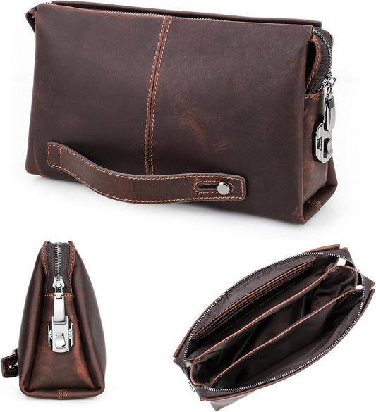 Top Grain Genuine Leather Clutch Wallet Purse for Man & Woman, Handmade Retro Design, Combination Lock & Retractable Strap & Multi Pockets/Slots, Portable RFID for Cards/Checks/Phone/Banknote, Coffee