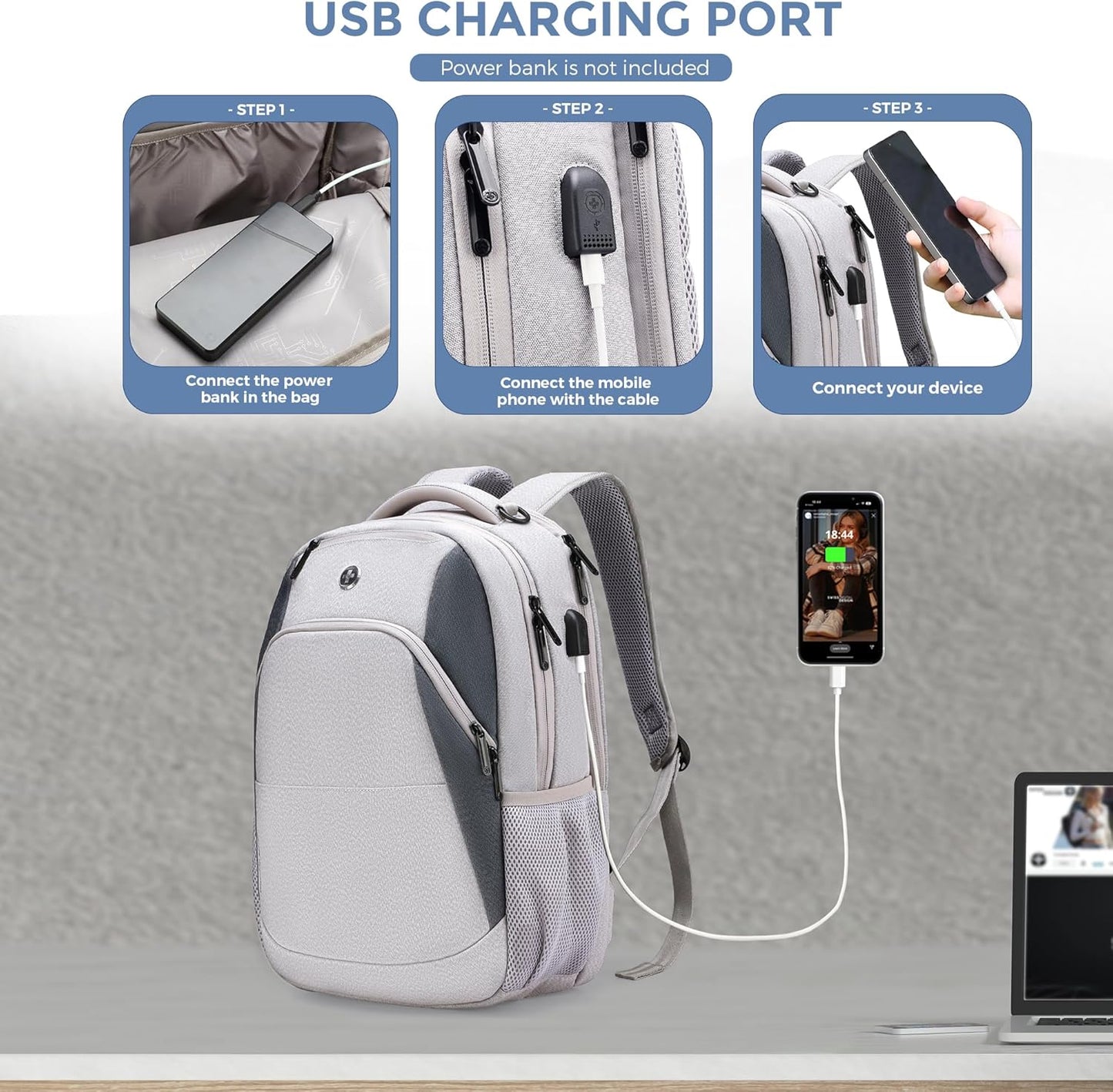 Swissdigital Design Business Laptop Backpack, College Laptops Backpack with USB Charging Port for Men and Women Fits 16 Inch Notebook, Mauve Grey | ANDWIL