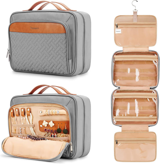 Travel Hanging Toiletry Bag for Women, Holds Full-Size Shampoo, with Jewelry Organizer Compartment, Extra Large Makeup Bag, Waterproof Cosmetic Bag, Toiletries Kit Set with Trolley Belt, Grey