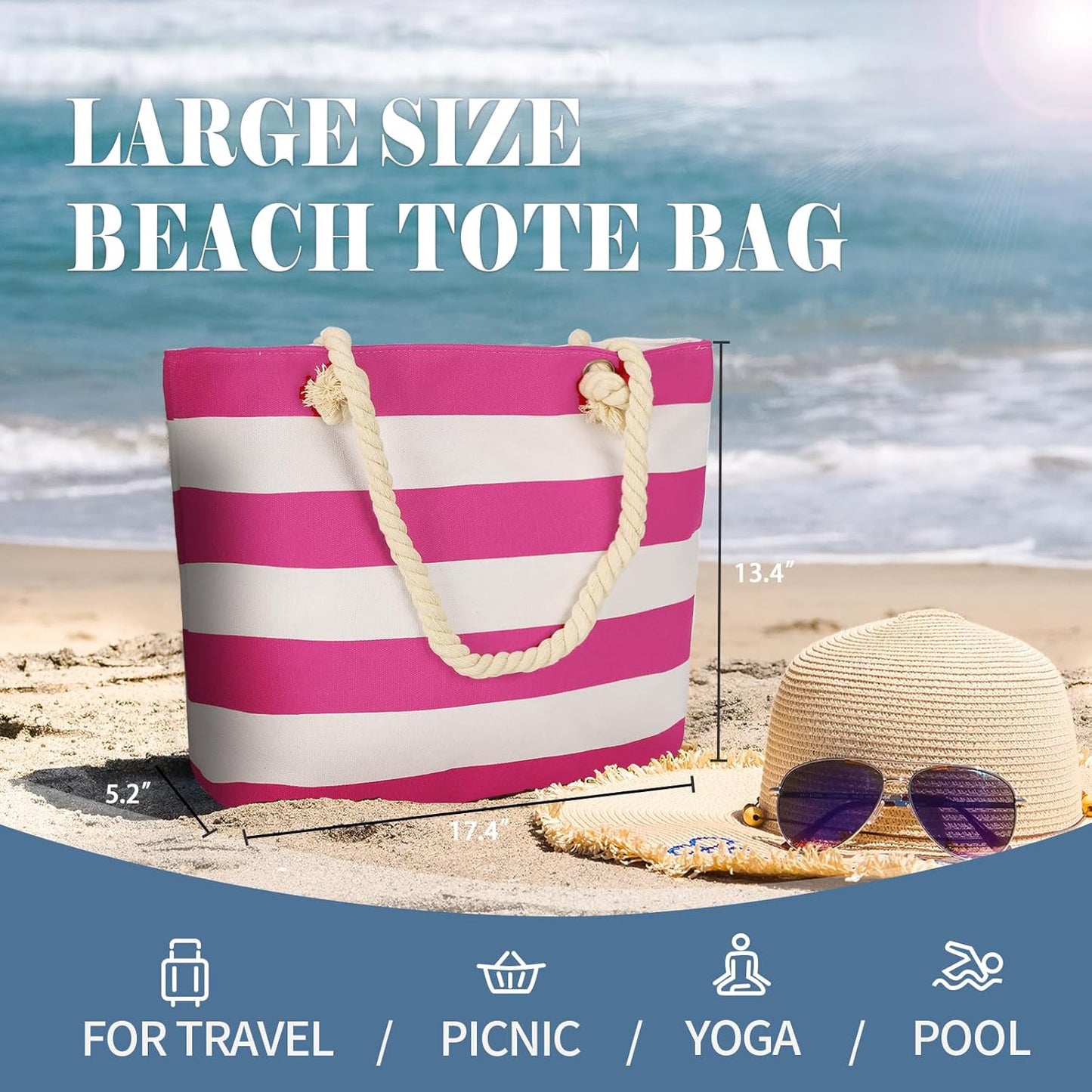 LAVTUG Beach Bags for Women, Large Canvas Beach Tote Bag Waterproof Sandproof Beach Bags Swim Pool Bag Travel Essentials