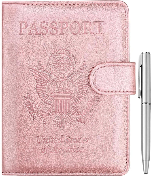 WALNEW Passport Holder for Travel, RFID Passport Cover Wallet for Women Men, PU Leather Passport Book Card Holder Case with Pen, Travelling Essentials for Flying