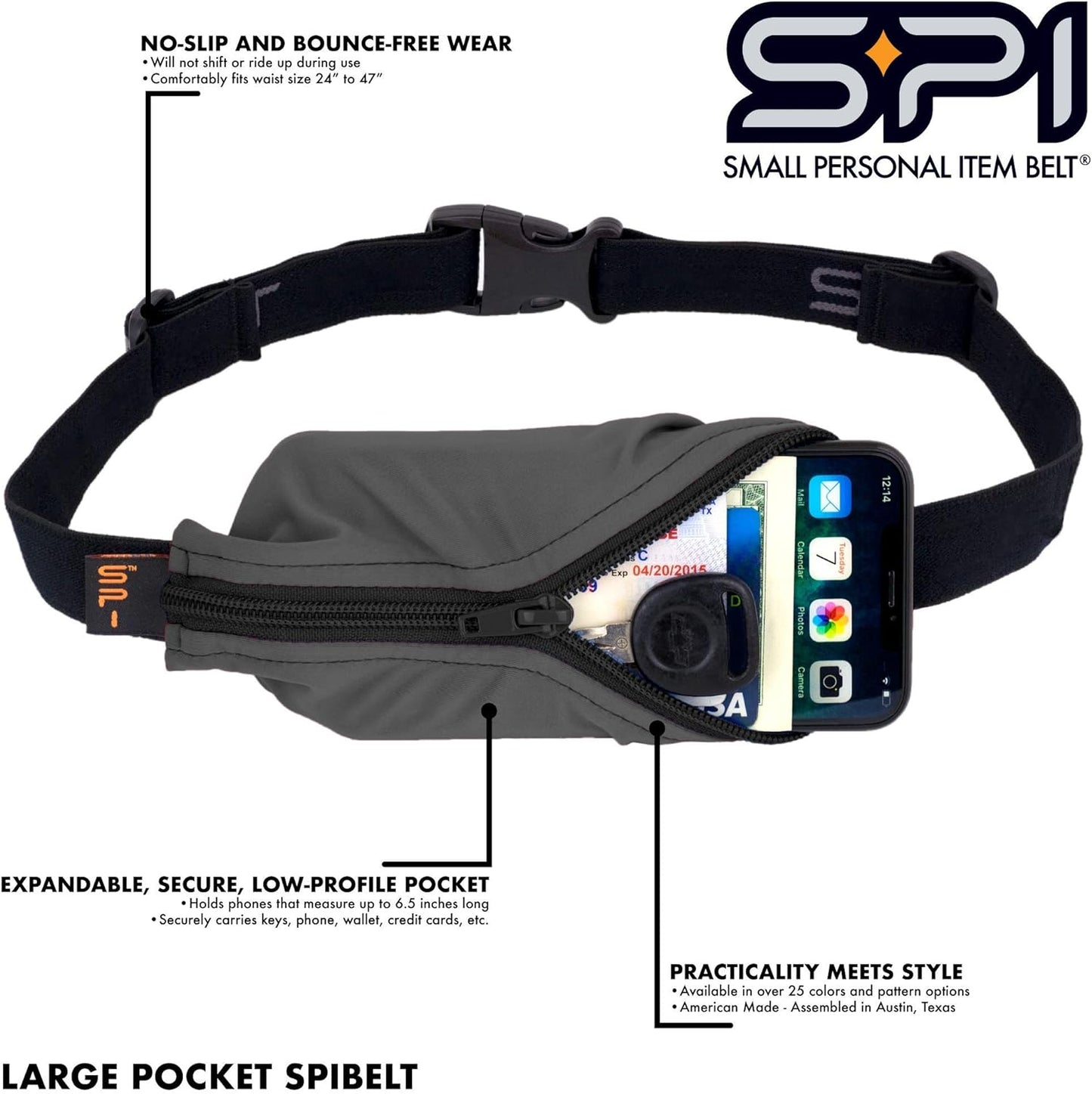 SPIbelt Running Belt for Women Men, Phone Holder for Running, Running Fanny Pack, Holder for Phone, Running Waist Pack, Adjustable Waist, [Fits All Phones]. Black with Red Zipper