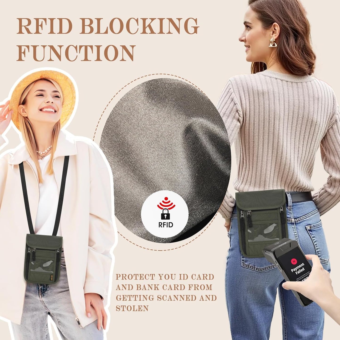 Passport Holder for Travel, Neck Pouch Travel Wallet With RFID Blocking, Waterproof Lightweight Passport Wallet for Women and Men (Army Green)