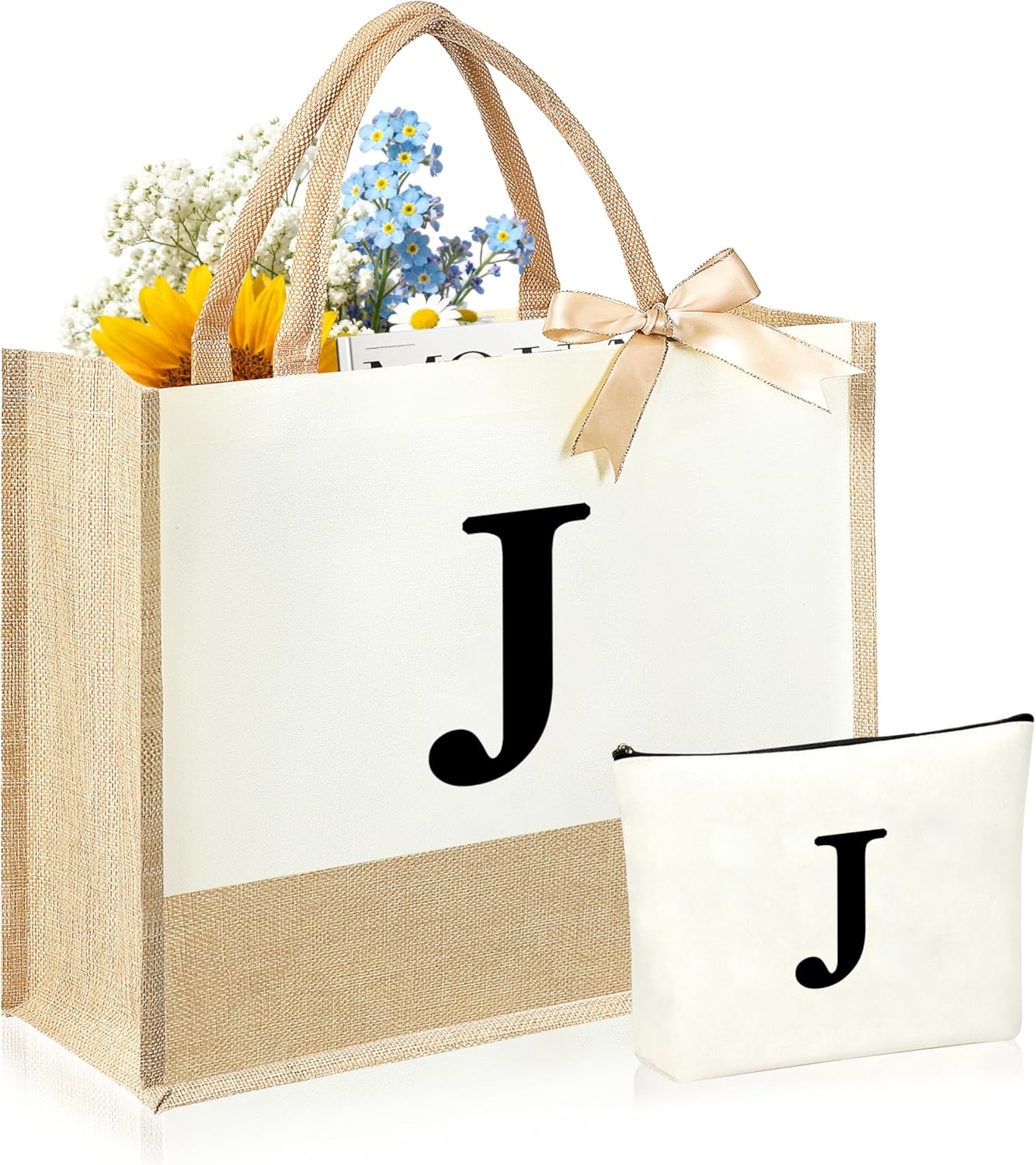 Initial Canvas Tote Bag & Makeup Bag for Women Teacher Bridesmaids，Personalized Present for Wedding, Birthday, Beach