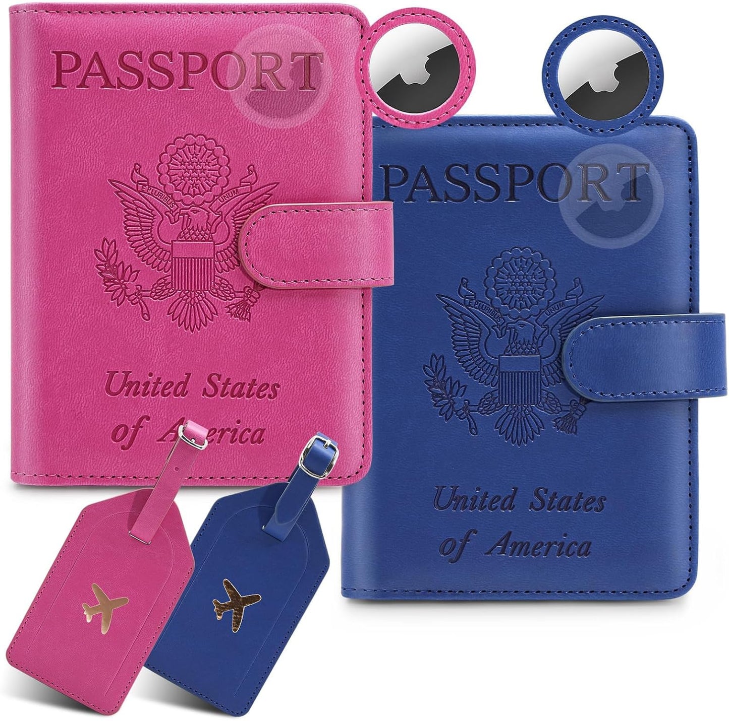 2 Pack Passport Holder for Travel with Slot for Tracker Device & Luggage Tag Cover, RFID Blocking Passport Holder for Women & Men | PU Leather Passport Cover Case with Pocket, Blue & Pink