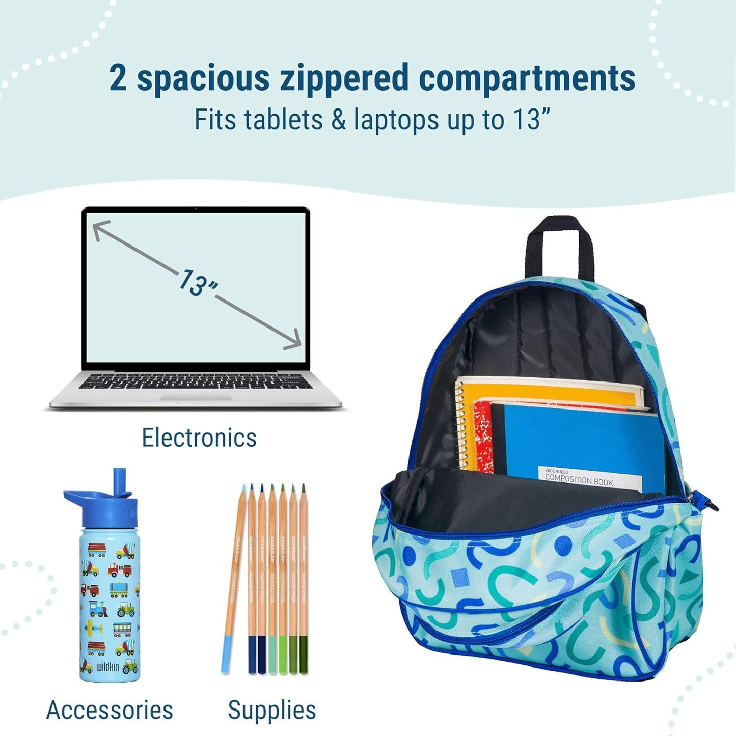 Wildkin 15-inch Kids Backpack – Durable, Padded, Adjustable for School & Travel - Confetti Blue
