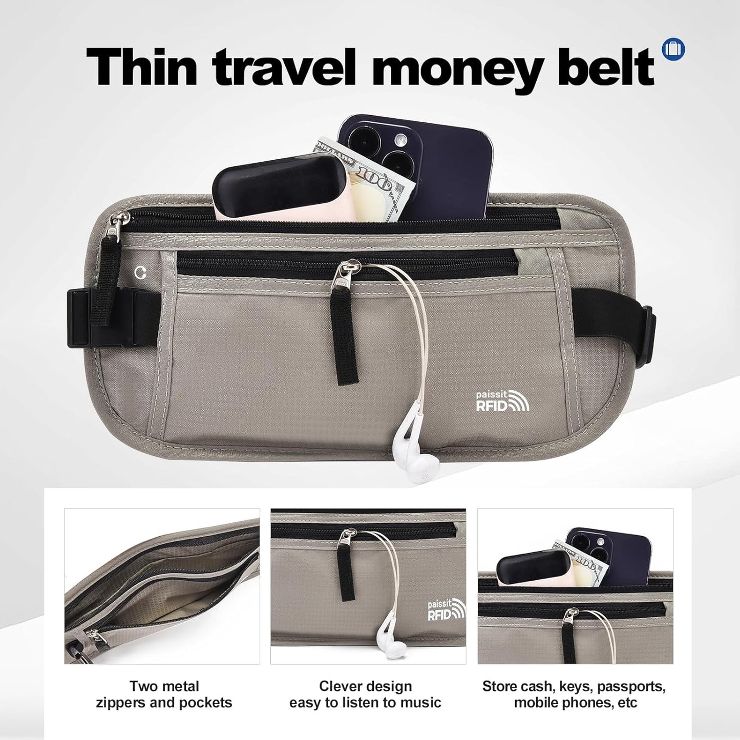 Unisex Money Belt For Men and Women, Slim Passport Holder RFID Blocking Travel Essentials Pouch with Adjustable Strap Small Waist Pouch for Workout Running Travelling Hiking, Light Grey 2 Pack