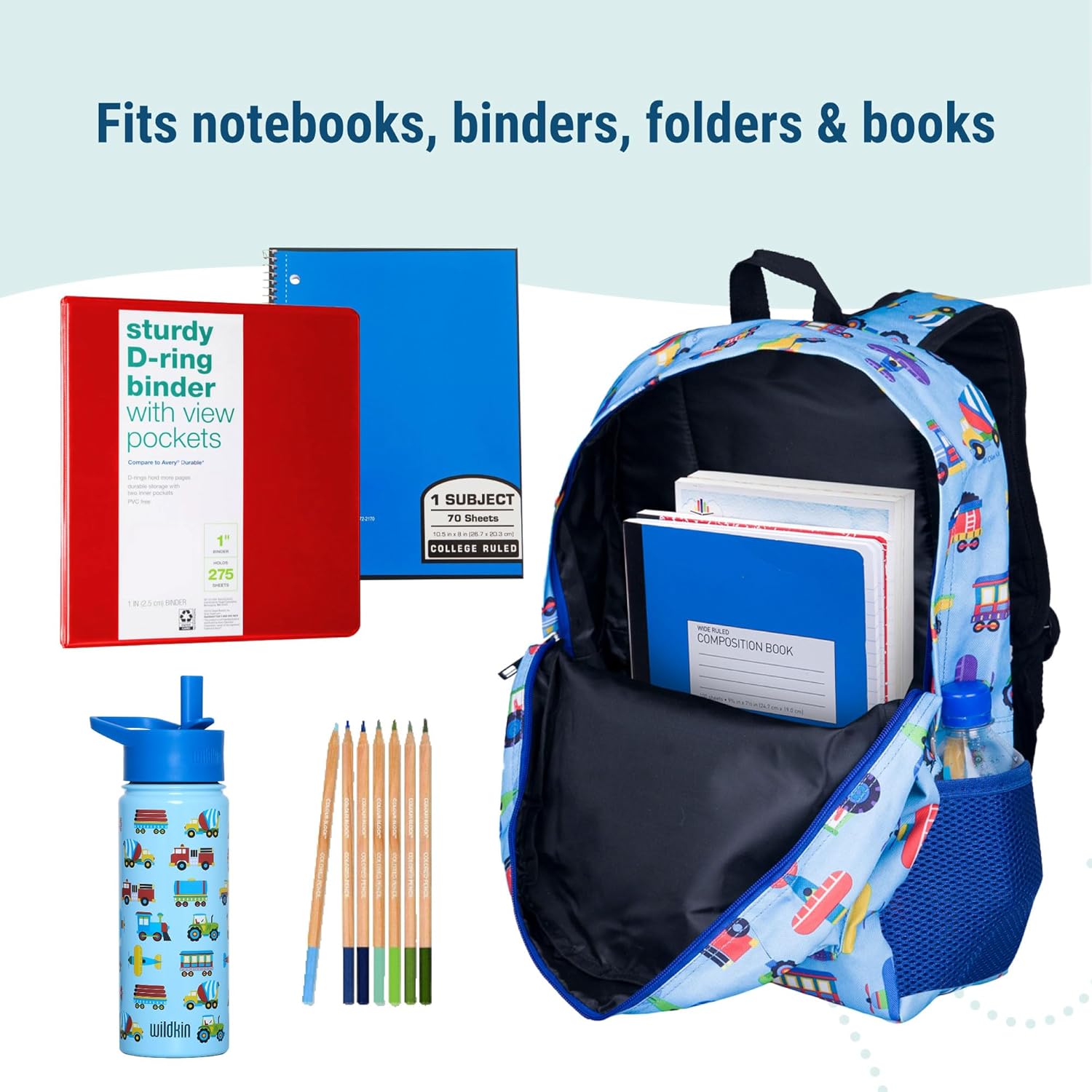 Wildkin 16-inch Kids Backpack – Durable, Padded & Spacious School Bag for Boys & Girls - Trains