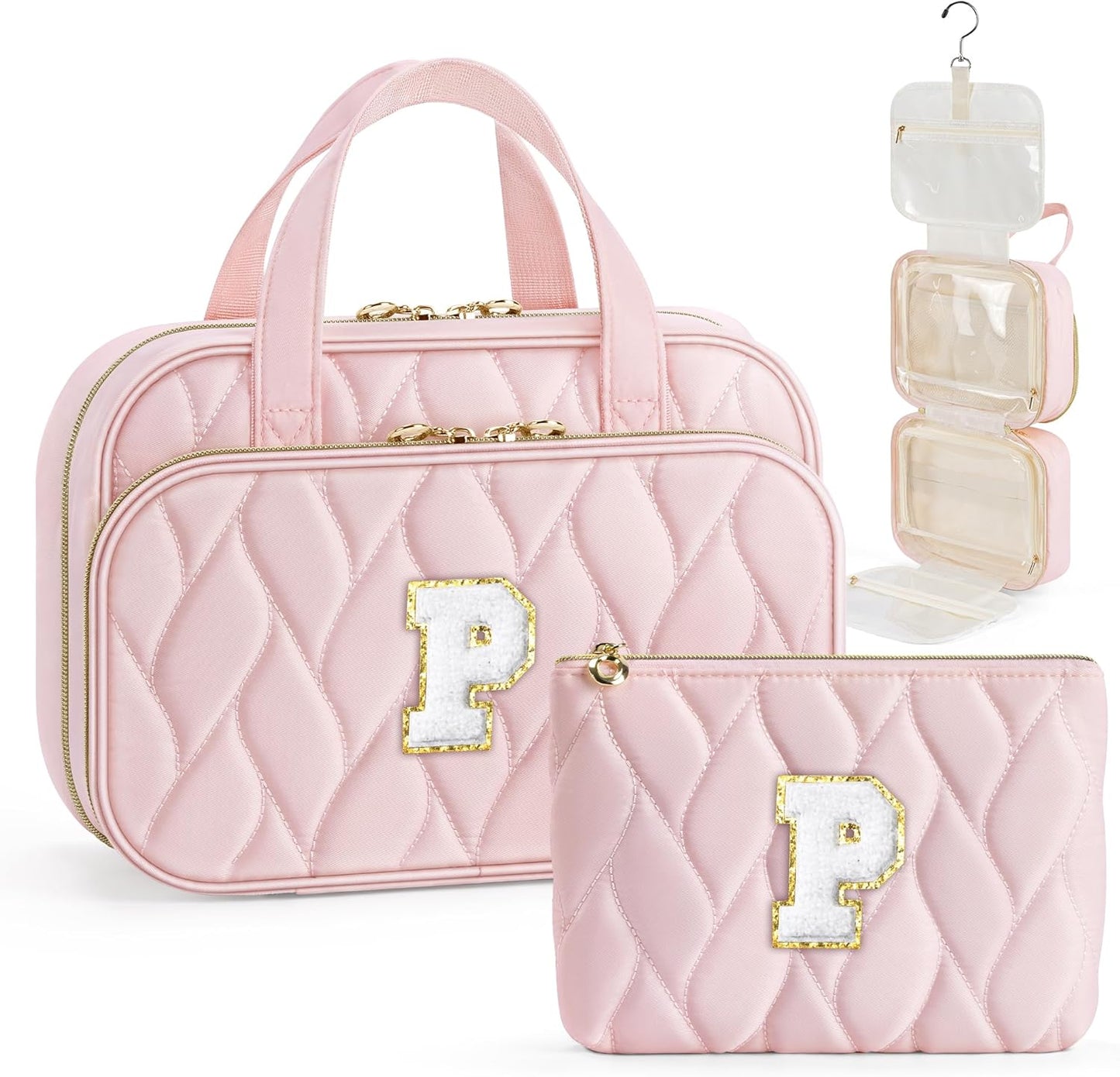 YOOLIFE Hanging Toiletry Bag for Women - Travel Toiletry Bag Makeup Bag, Portable Toiletries Cosmetic Bag, Airplane Travel Essentials - Letter P, Pink