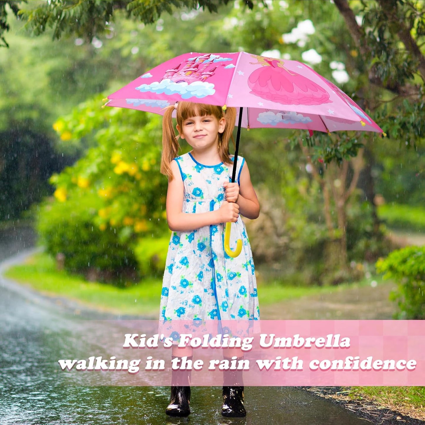 Kids Umbrella, Safety Windproof Umbrella with Easy-Grip Hook Handle for Toddler Girls and Boys