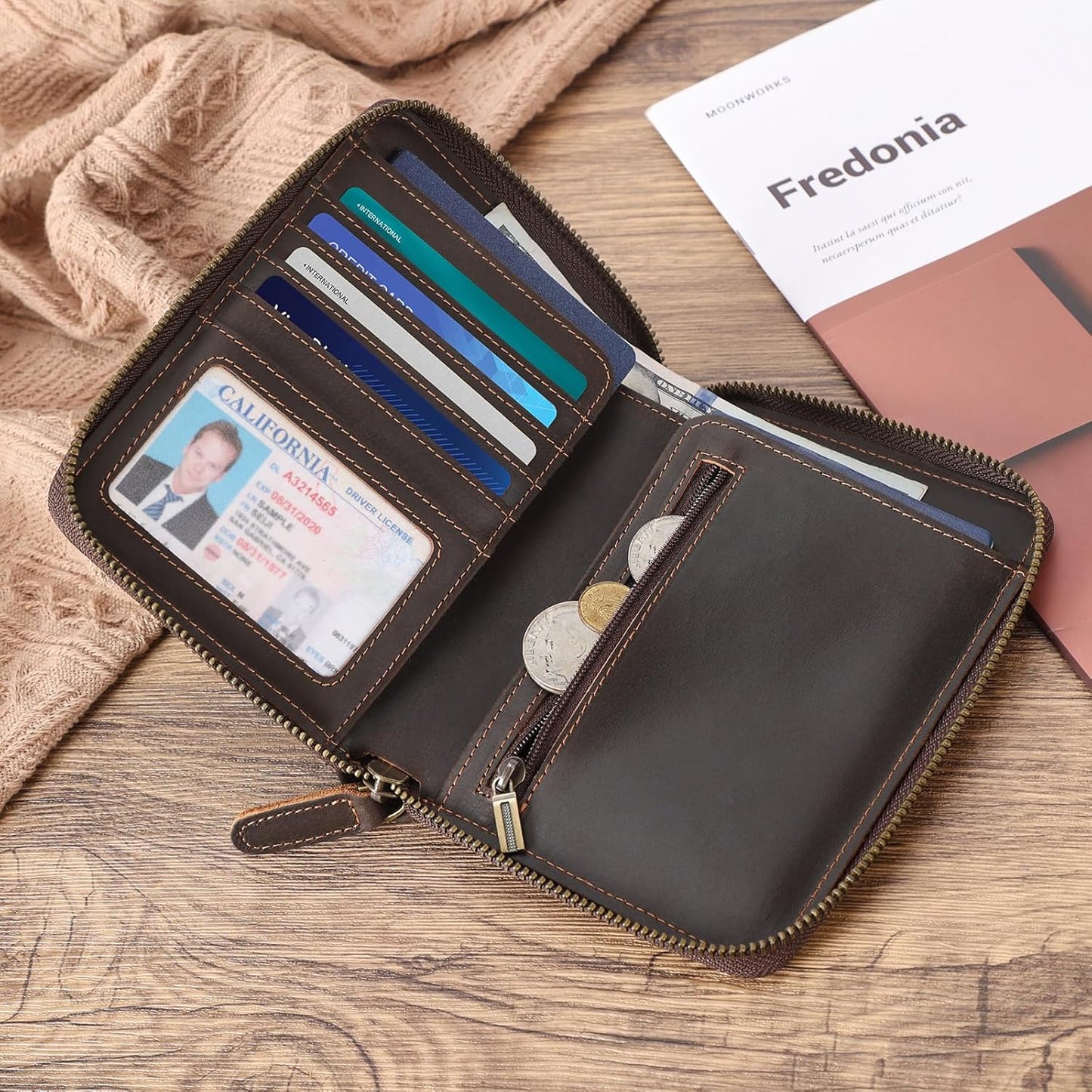 Retro Passport Cover Genuine Leather Unisex Travel Zipper Wallet RFID Blocking (Dark Brown)