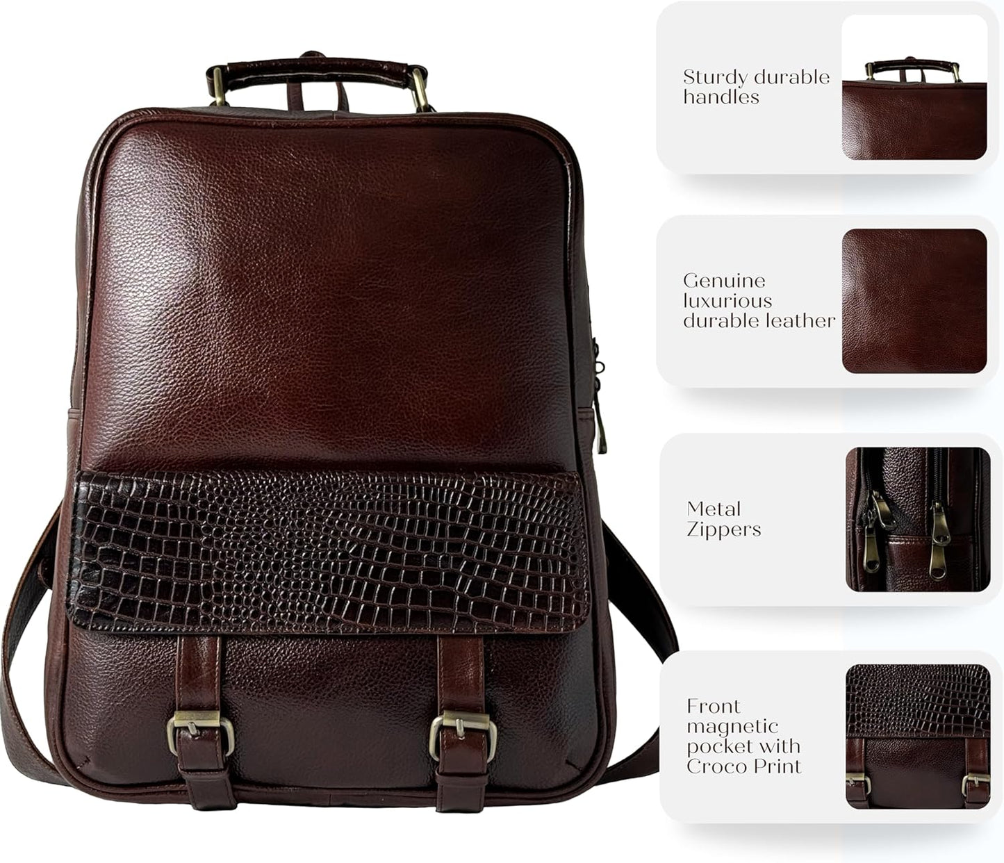 Genuine Leather Luxury Backpack Multi-functional Elegant Daypack Office Travel Leisure 15.6" Laptop Bag (Burgundy)