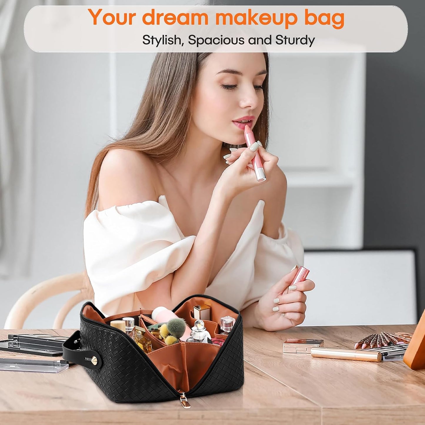 Large Capacity Travel Cosmetic Bag - Portable Makeup Bags for Women Waterproof PU Leather Checkered