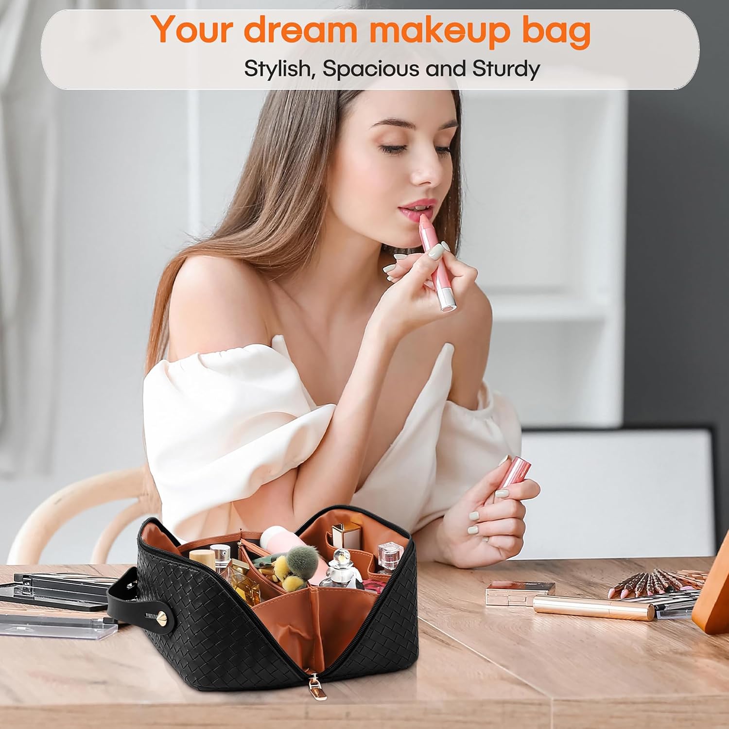 Large Capacity Travel Cosmetic Bag - Portable Makeup Bags for Women Waterproof PU Leather Checkered