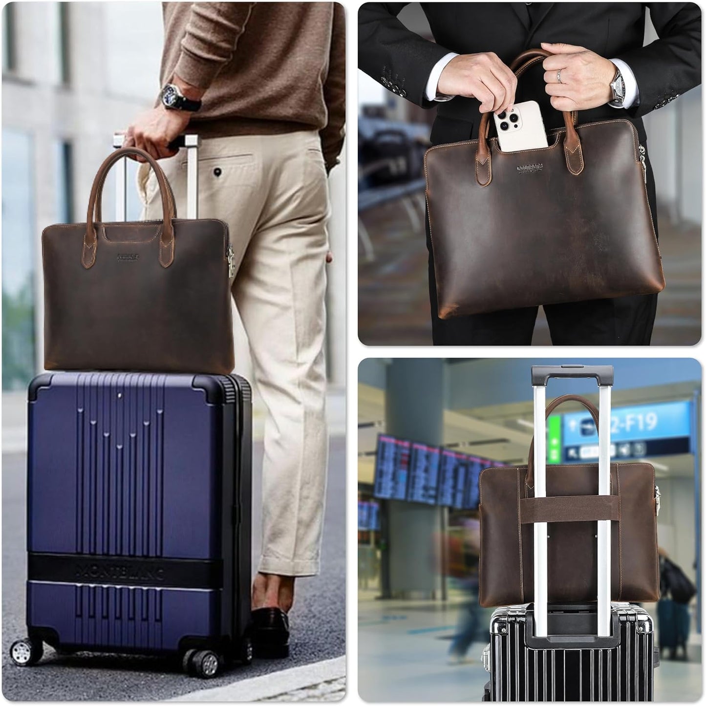 Top Grain Leather 14.2" Slim Laptop Briefcase Handbag, Vintage Handmade with 6 Pockets & Luggage Strap, Compatible with MacBook Pro/Air 13.3"/14.2" & other Laptop/Tablet, Coffee 14.2 Inch