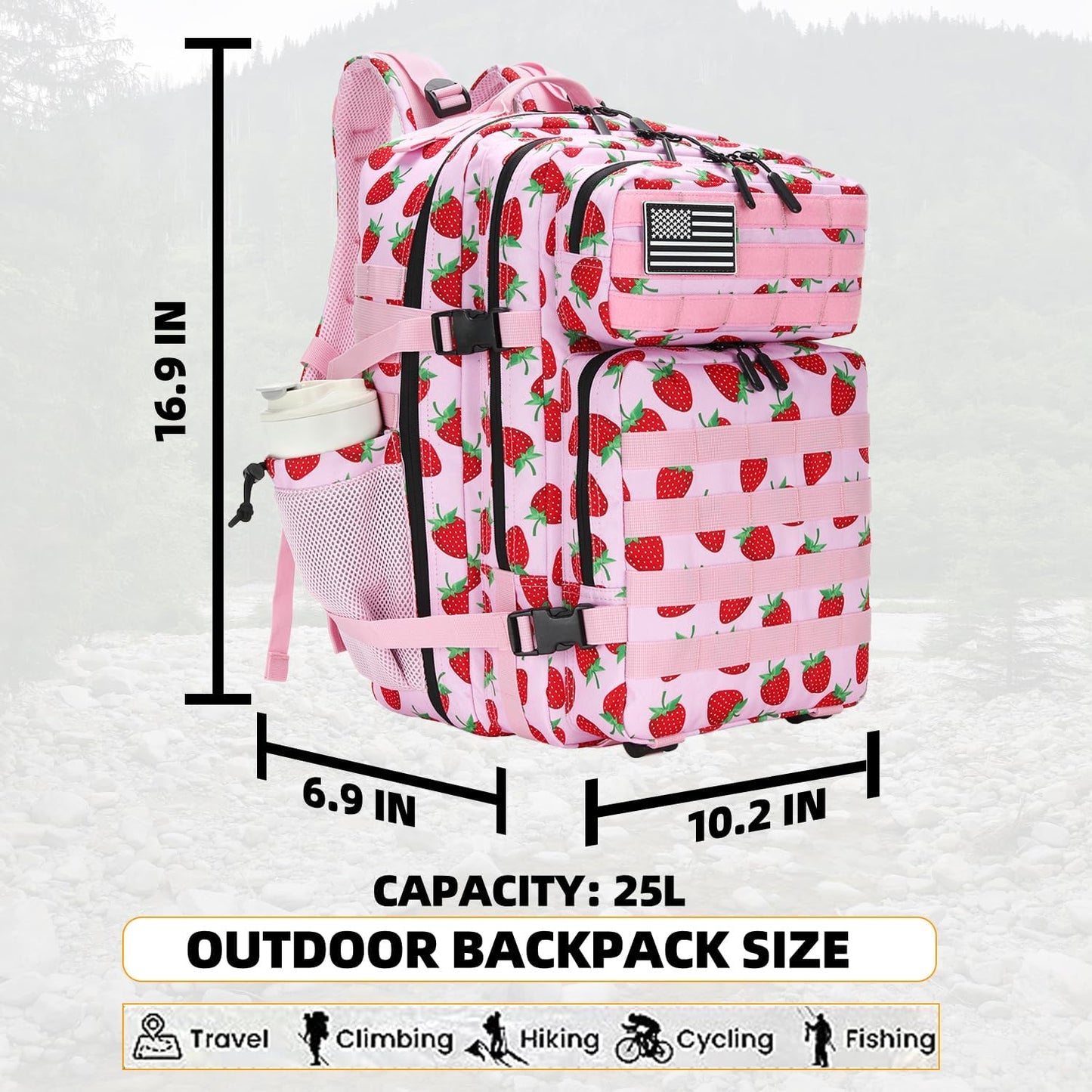 25L Tactical Military Backpack Small Travel Rucksack for Men and Women Assault Pack Bug Out Bag Molle Daypack Gym Backpack with Bottle Holder (Strawberry)