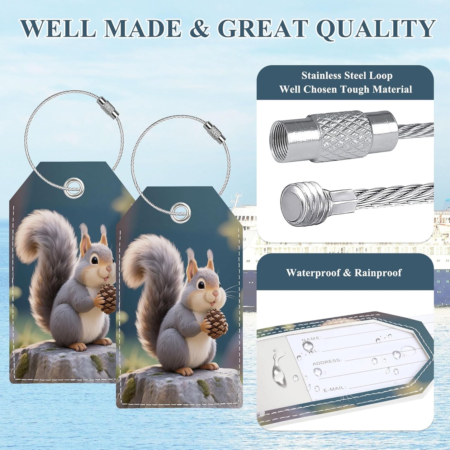 Luggage Tag, Cute Personalized Luggage Tags for Suitcases, Bag Tags for Backpacks Handbag School Instrument with Name ID Label Travel Essentials, Unique Fun Baggage Tags 2 Pack, Squirrel