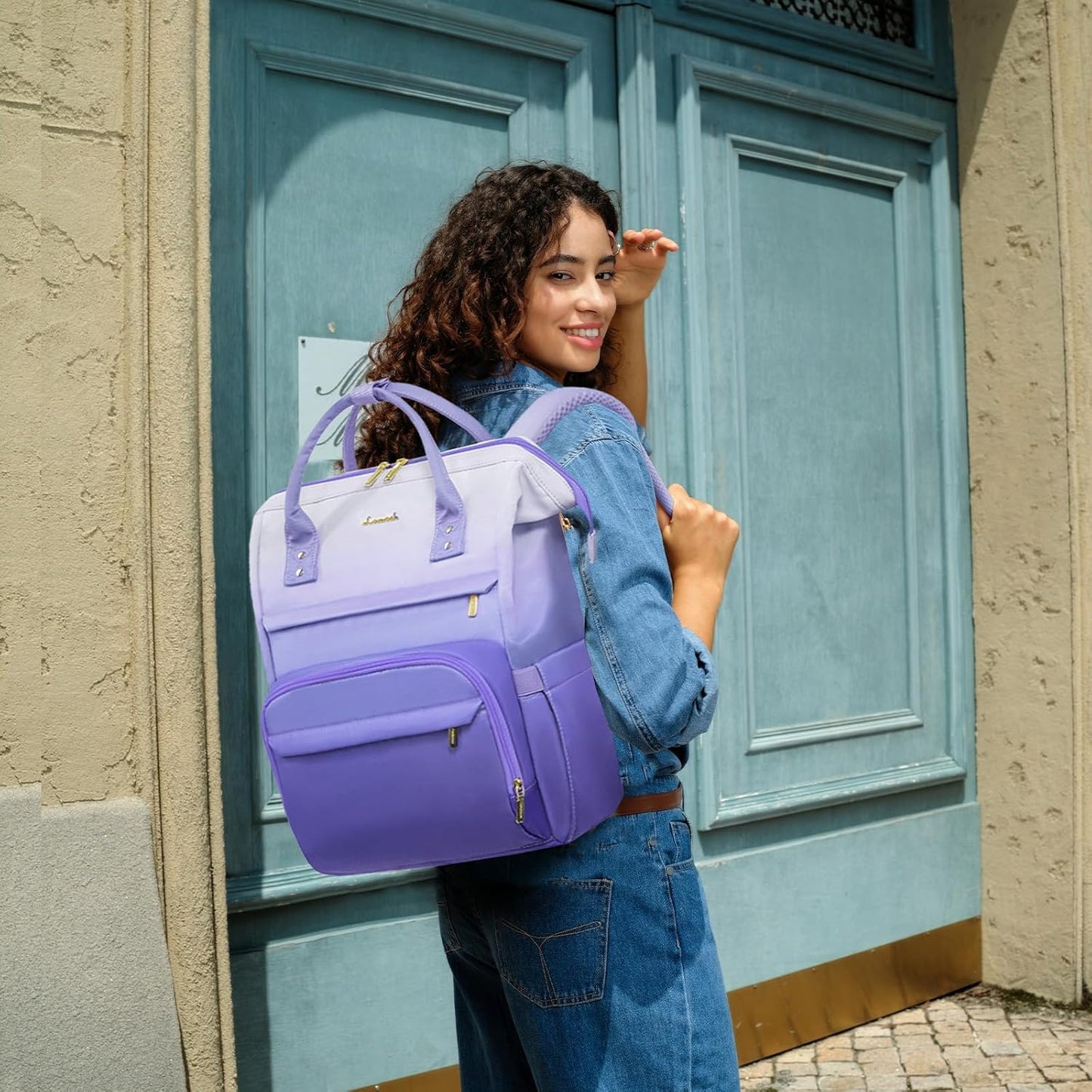 LOVEVOOK Gradient Laptop Backpack for Women,15.6 Inch Work Computer Bakcpack Purse Laptop Bag With Anti-Theft Pocket,Waterproof Carry on Teacher College Backpack for Travel,Purple-White
