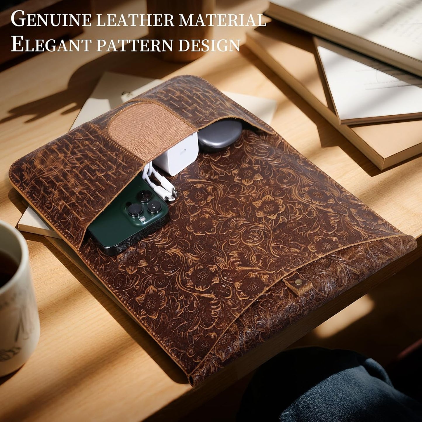 Gexmil Genuine Laptop Sleeve 16 inch, 15-15.6 Inch Laptop Cover Compatible with MacBook Pro 16 M4 M3 M2 M1, HP Acer Dell Lenovo ASUS Notebook, Computer Sleeve Bag with Pocket, Floral Brown