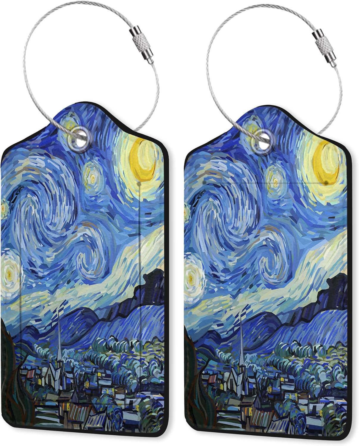 Van Gogh Starry Night Luggage Tags Set of 2 Leather Luggage Tags Privacy Cover Suitcase Label with Stainless Steel Loop for Women/Men Travel