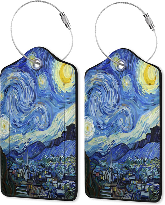Van Gogh Starry Night Luggage Tags Set of 2 Leather Luggage Tags Privacy Cover Suitcase Label with Stainless Steel Loop for Women/Men Travel