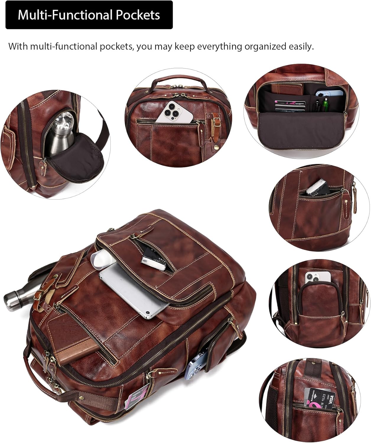 LANNSYNE Full Grain Leather Backpack For Men, Fits 16" Laptop, Coffee