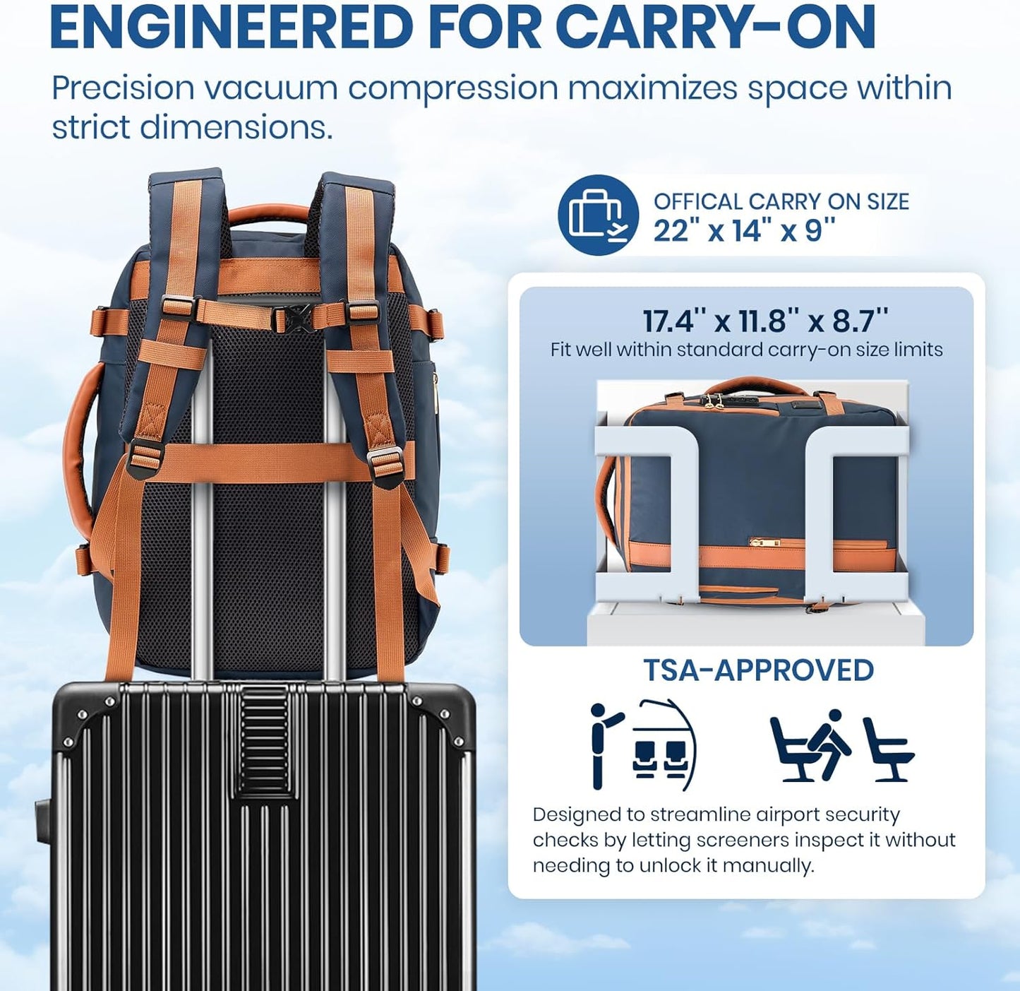 Fanwoli Vacuum Travel Backpack, Carry On Luggage with TSA Lock & Anti Theft Zipper, Expandable Airback with Compression Pump, Waterproof Laptop Bag Ideal for Flight & Business