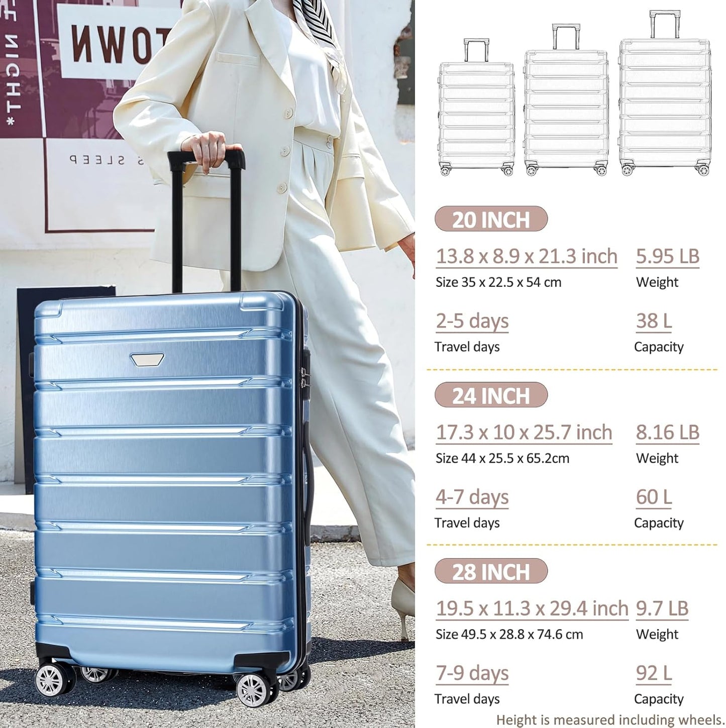 Merax Hardshell 3 Piece Luggage Set with Spinner Wheels, Light Blue, 20/24/28 Inch