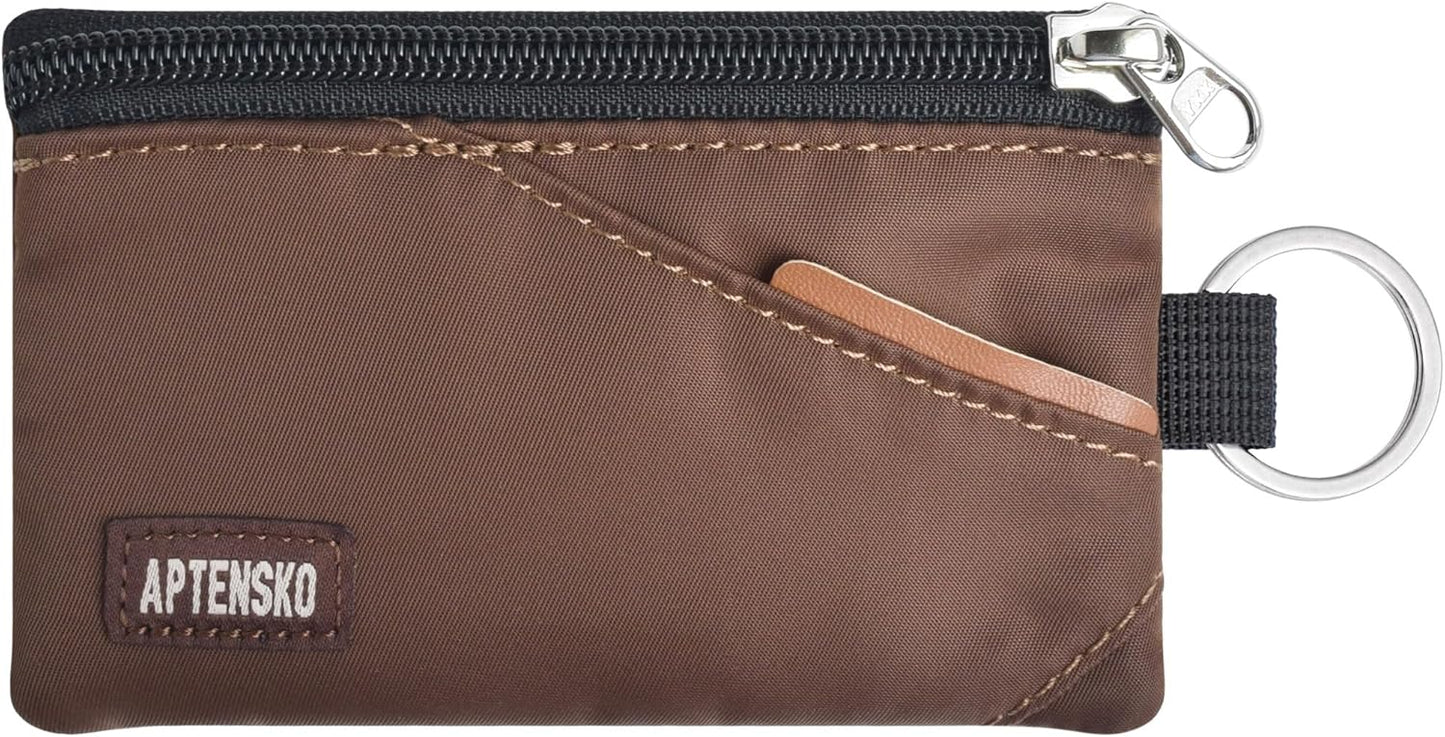 RFID Travel Wallet with Adjustable Lanyard-Zipper Small Wallet with ID Card Holder, Keychain for women&men-Minimalist Slim Waterproof Nylon case for ID, Cash, Key (Coffee)