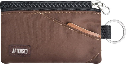RFID Travel Wallet with Adjustable Lanyard-Zipper Small Wallet with ID Card Holder, Keychain for women&men-Minimalist Slim Waterproof Nylon case for ID, Cash, Key (Coffee)