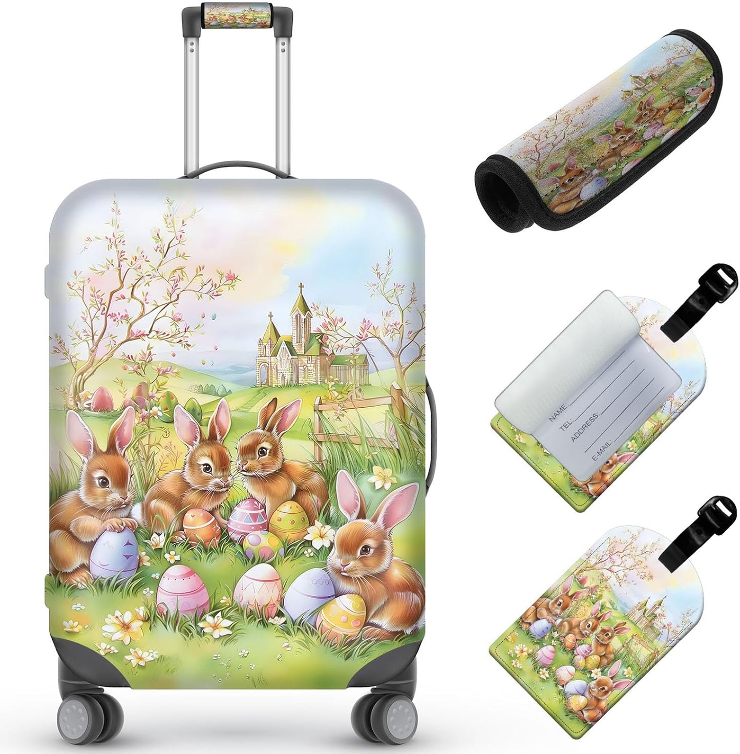 Travel Luggage Cover,Easter RabbitTheme Suitcase Cover Accessory Kit, Luggage Tag, and Comfortable Luggage Handle Wrap, Washable Luggage Suitcase Protector (25-28 inch,L)