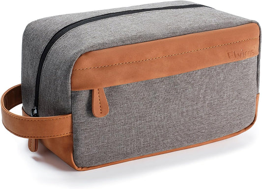 Elviros Travel Toiletry Bag for Men Hanging Dopp Kit Water Repellent PU Leather Shaving Bag with Large Capacity for Travel and Bathroom, Grey