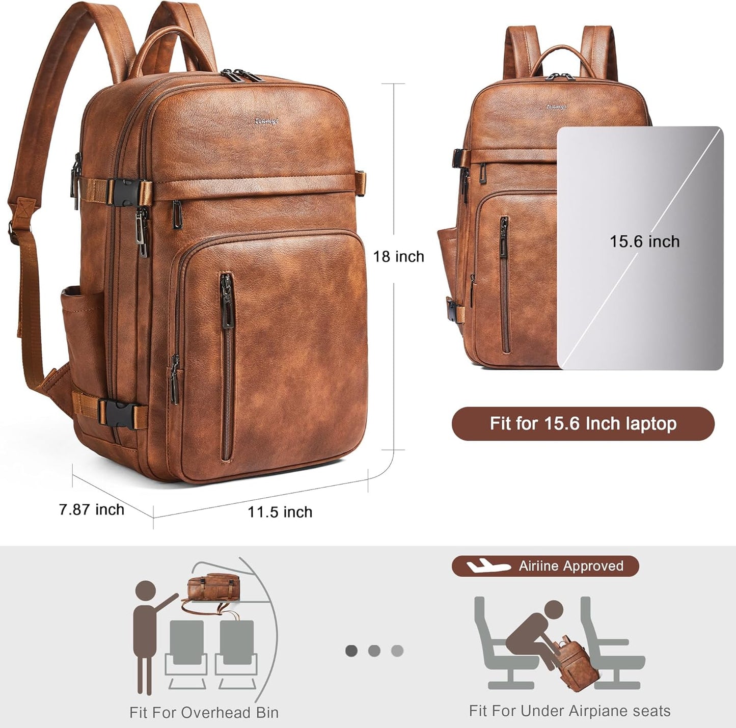 Leather Laptop Backpack for Women, Featuring a 15.6" Padded Laptop Compartment, Water Bottle Pocket and Trolley Sleeve, Ideal for Work, Travel, Everyday Use, and as a Thoughtful Gift