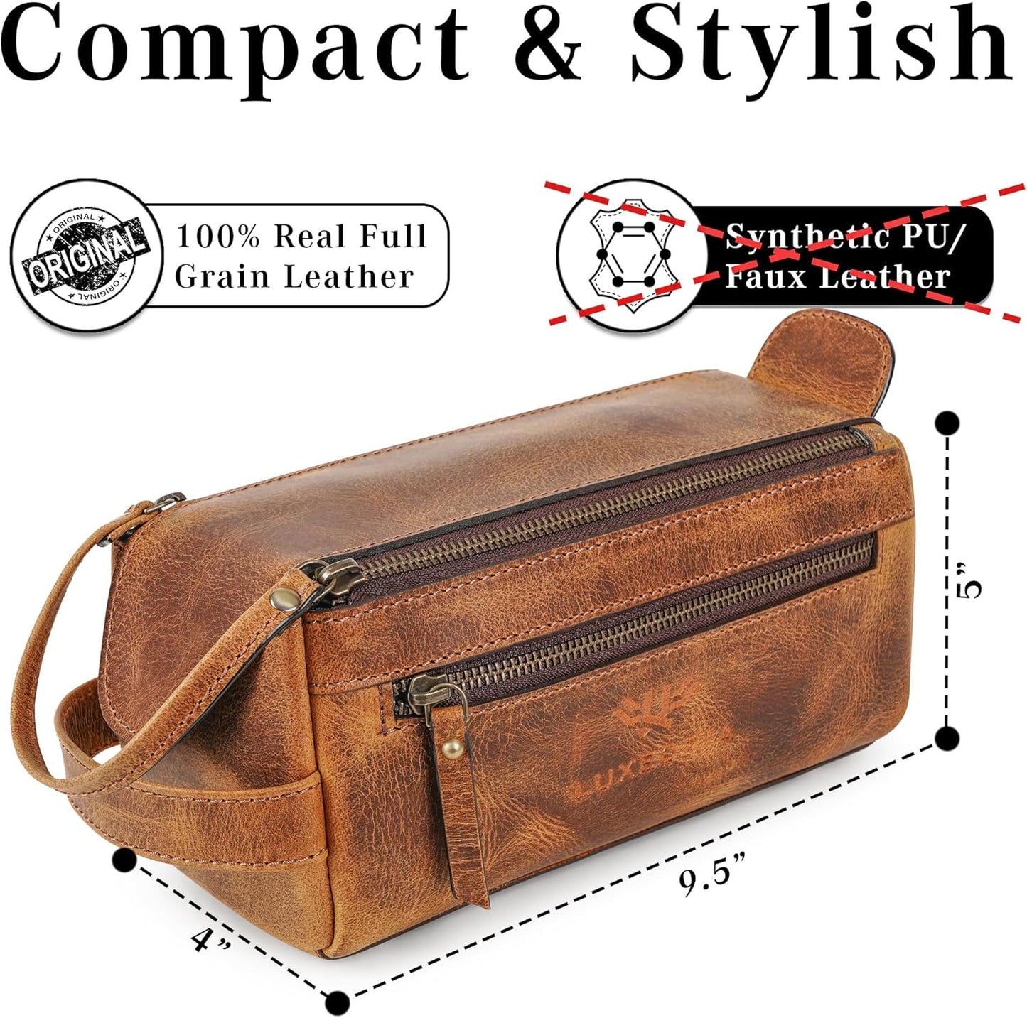 LUXEORIA Genuine Leather Toiletry Bags for Men and Women, Handmade Premium Leather Dopp Kit and Shaving Bag, Cosmetic Bag for Womens and Mens, Travel Essentials & Organizers