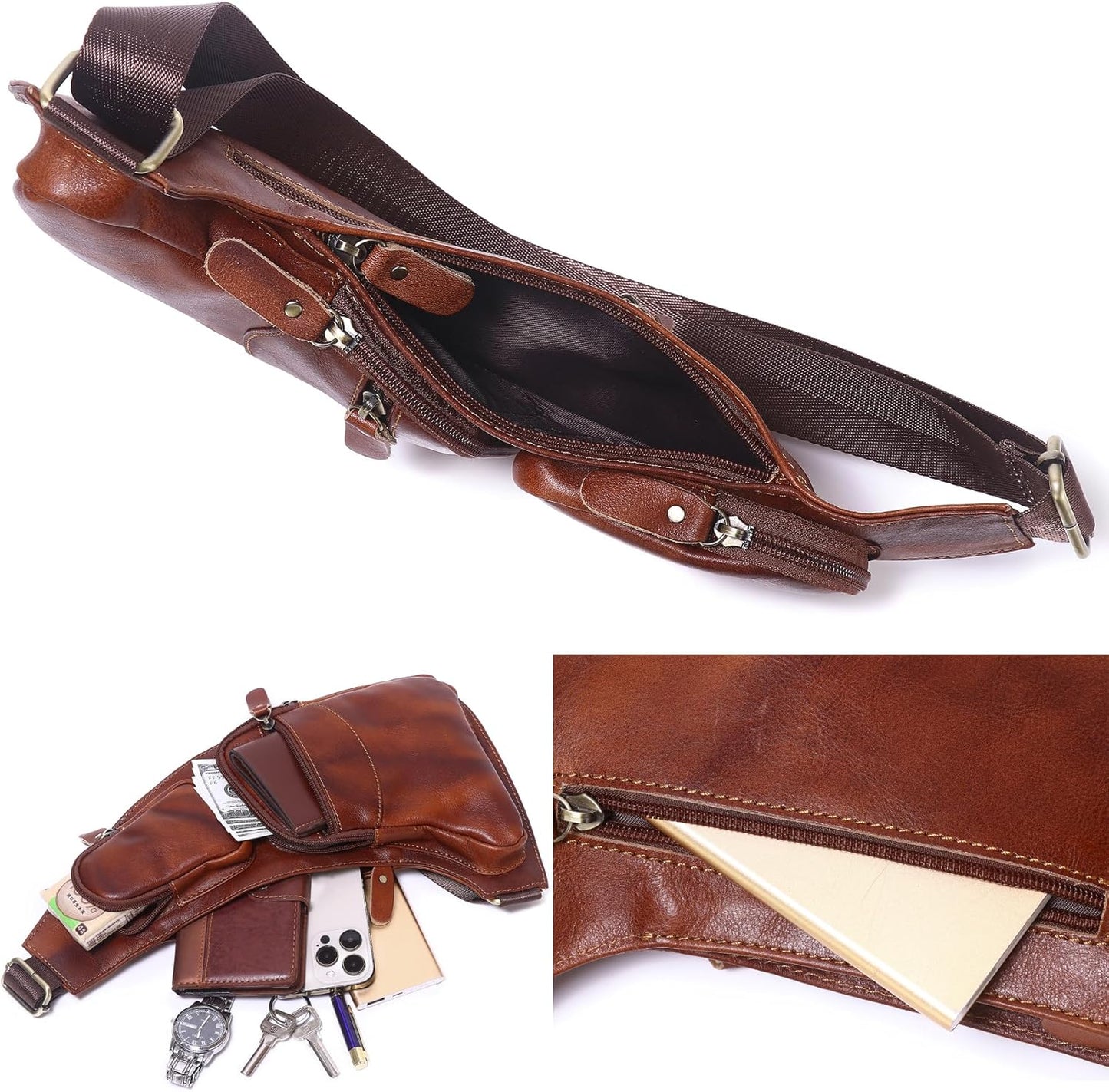 Genuine Leather Sling Bag for Men Women Backpack Chest Shoulder Satchel Crossbody Bags Casual