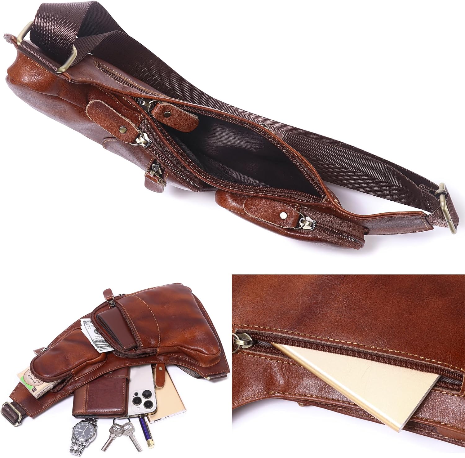 Genuine Leather Sling Bag for Men Women Backpack Chest Shoulder Satchel Crossbody Bags Casual