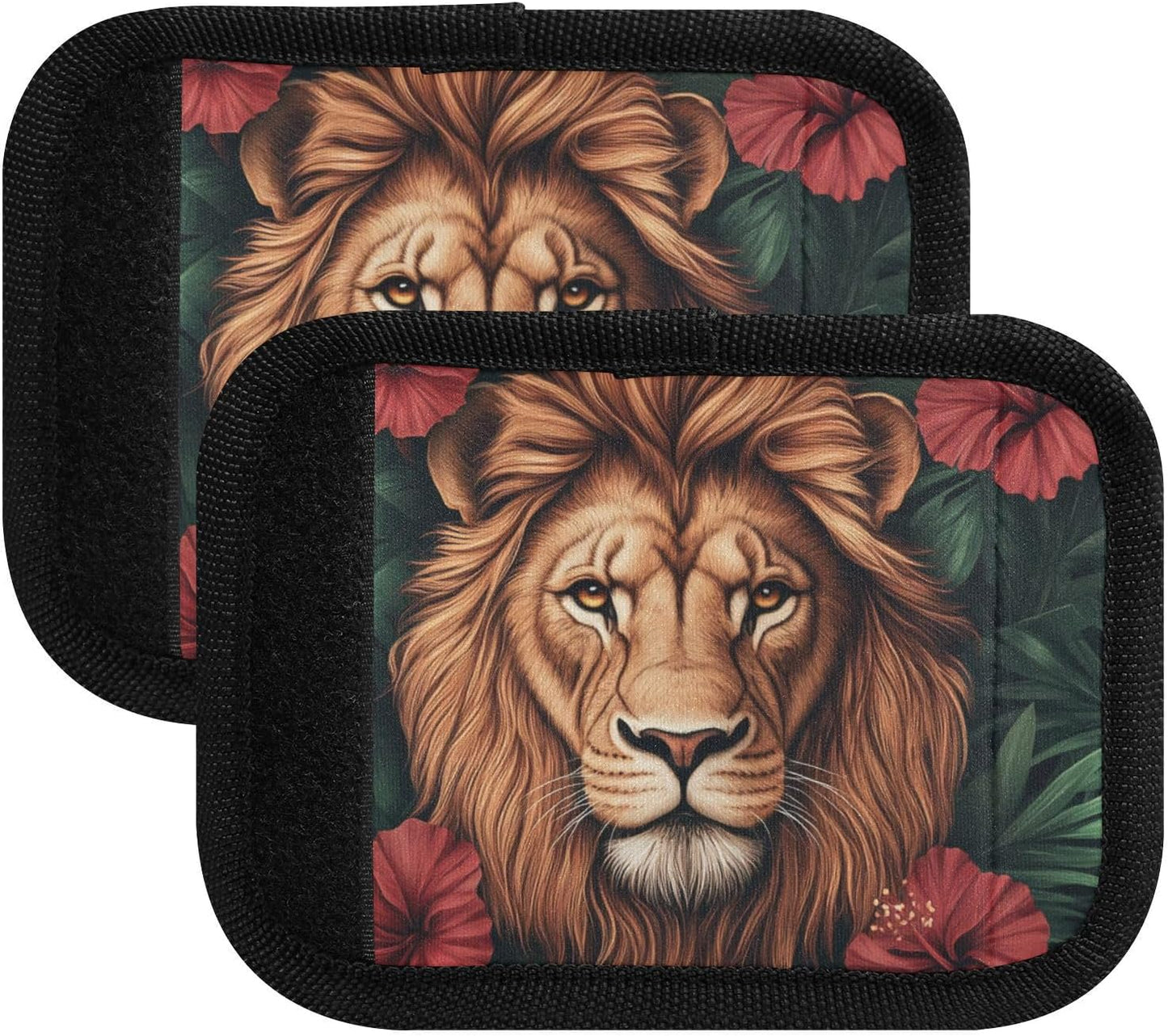 Lion Head Palm Leaves and Flowers 4 Pack Luggage Handle Wraps Covers for Suitcase Identifiers Bag Tags Travel Accessories