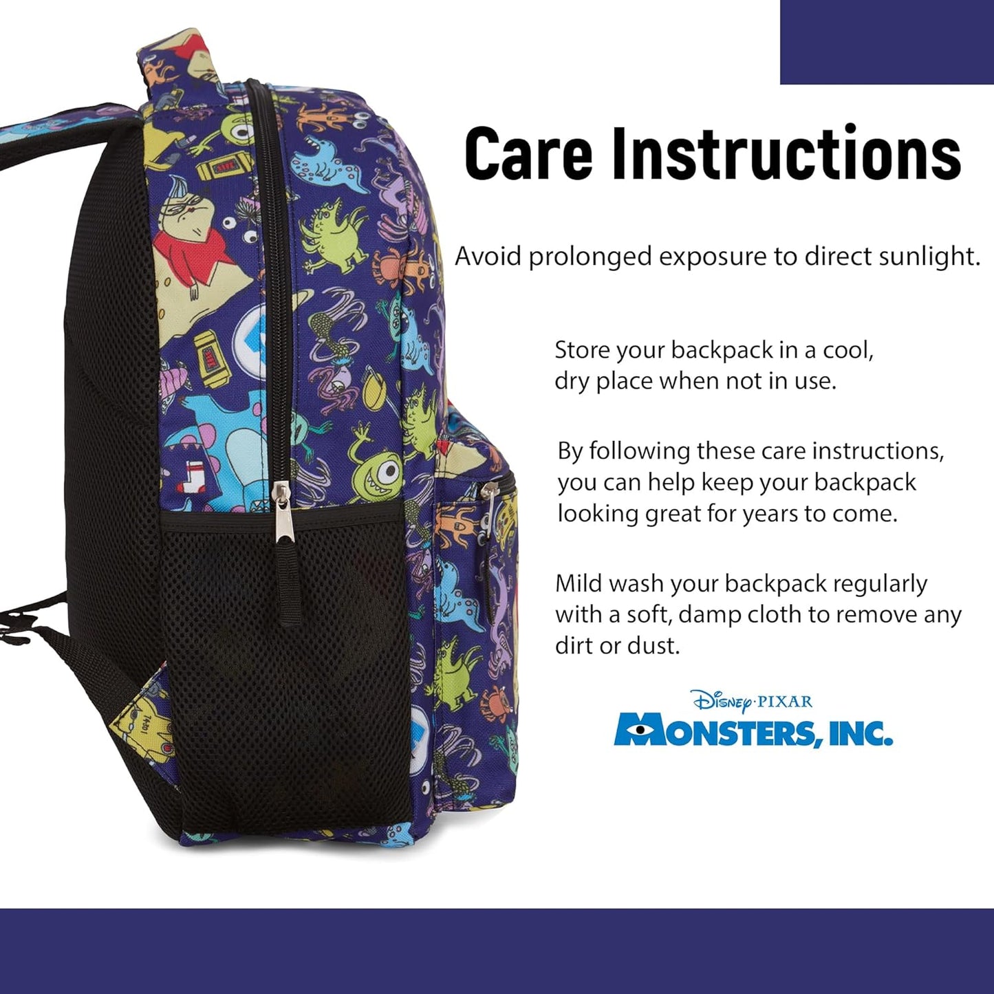 Disney Monsters Inc. Allover Print Backpack - Officially Licensed Pixar Merchandise - Backpack for Boys, Girls, Toddlers, Kids, Adults - Great Bag For Gym, Park and Cam