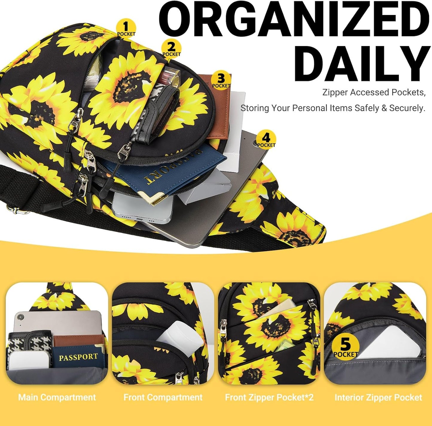 Crossbody Bags for Women, Sling Bag for Men, Small Hiking Backpack Anti Theft Lightweight for Outdoors Travel （M, Sun Flower）