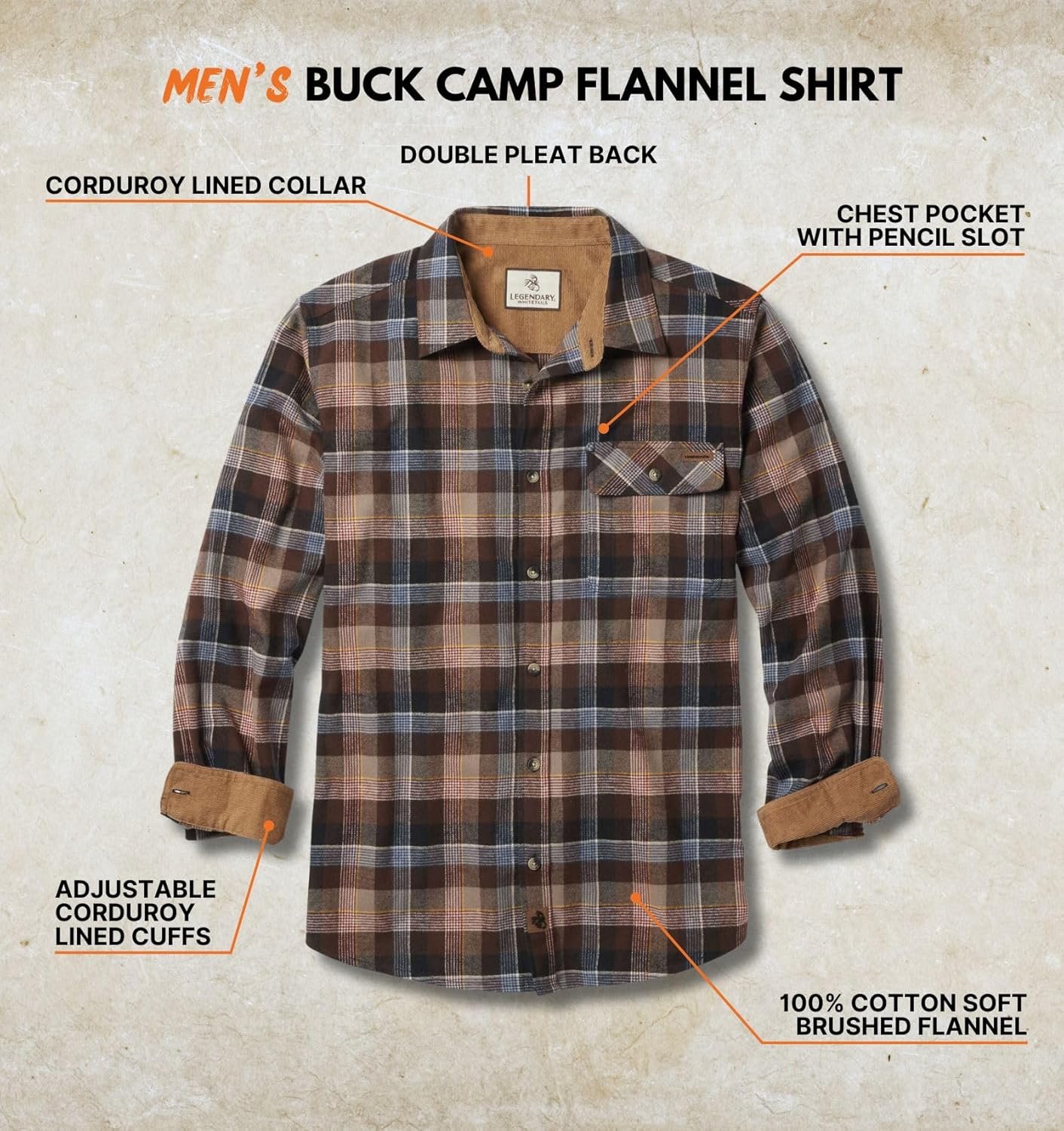 Legendary Whitetails Men's Flannel Shirt Long Sleeve Button Down 100% Cotton