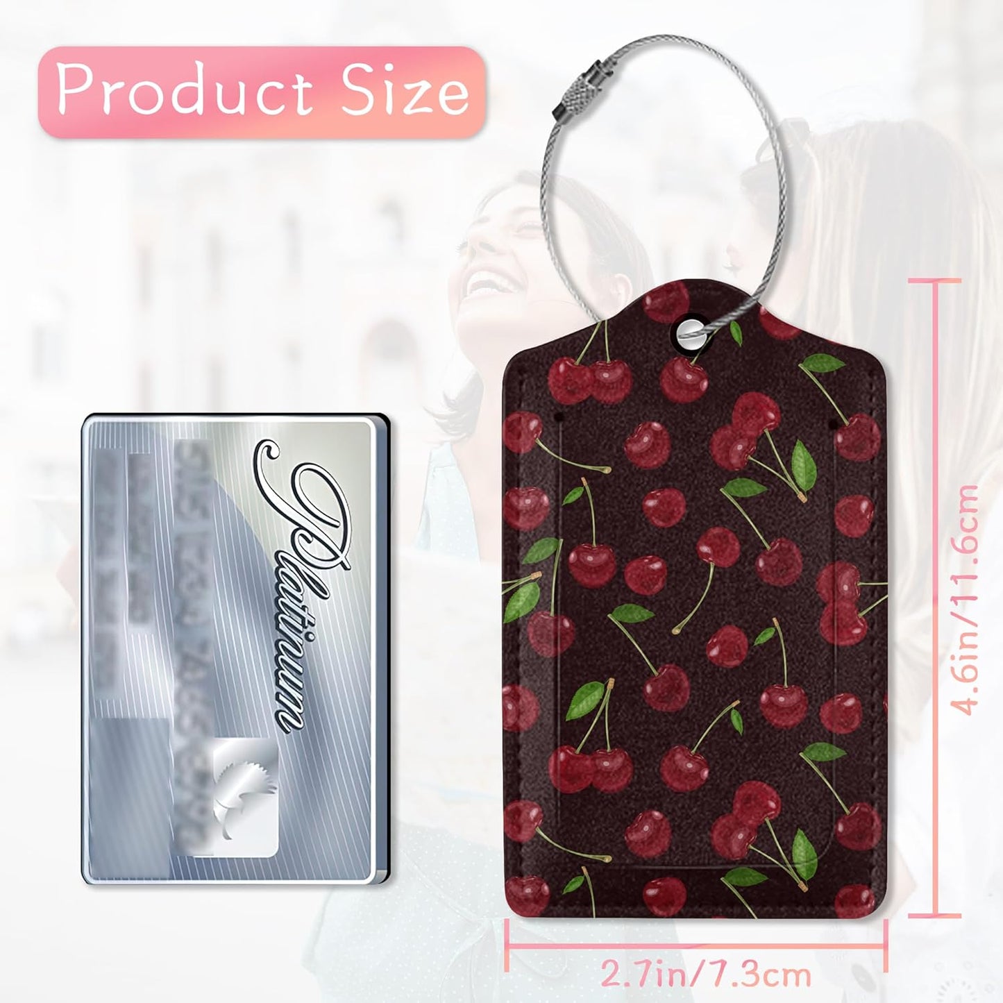 2 Pack Luggage Tags for Suitcases, Sweet Cherry Luggage Tag, Leather Stainless Steel Loop Label Tag for Men Travel Bag Suitcase