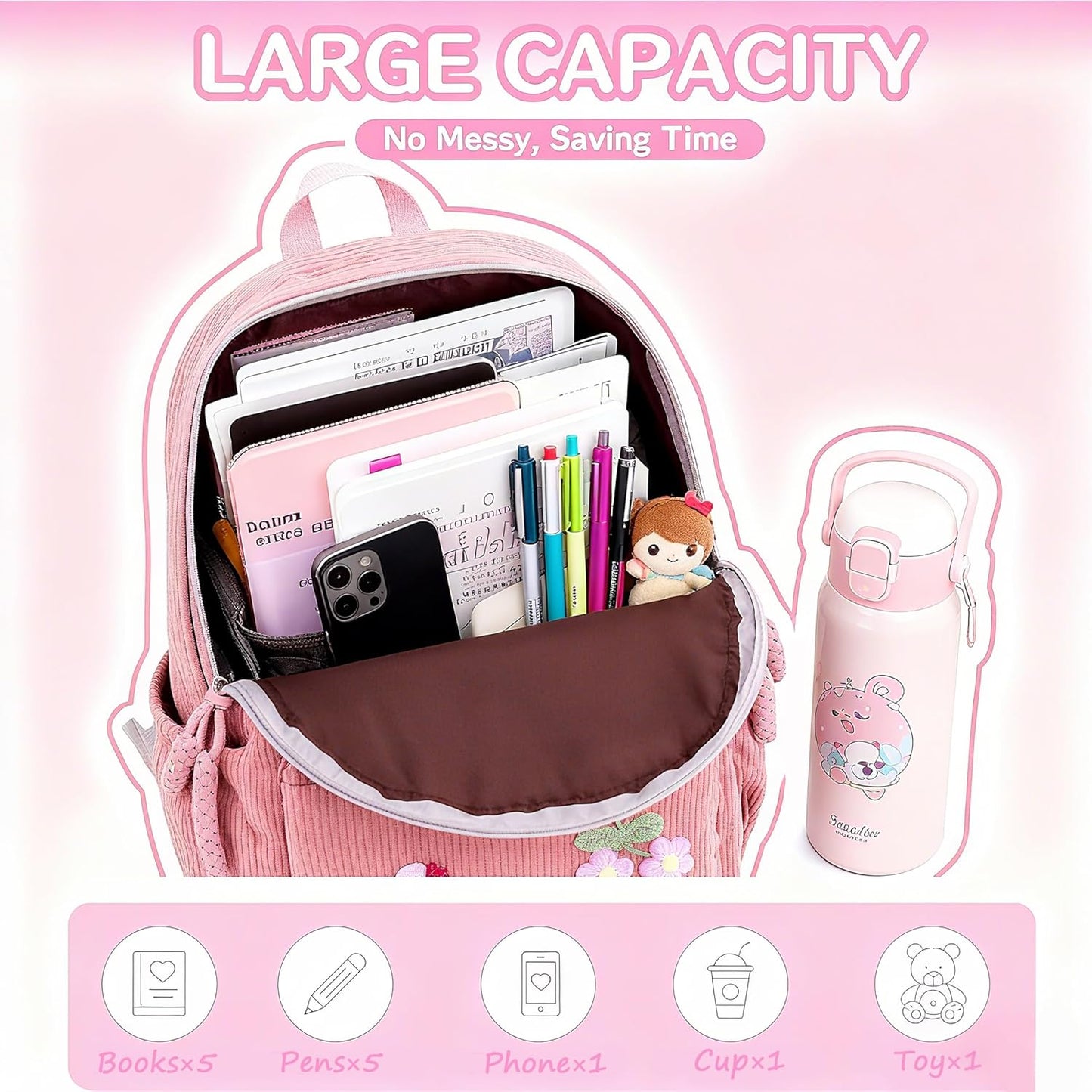 Personalized Corduroy Kids Backpack, Custom Name School Bag with Decorative Stitching, Toddler BackPack, Back to School Gift, Available in M and S sizes (Pink)