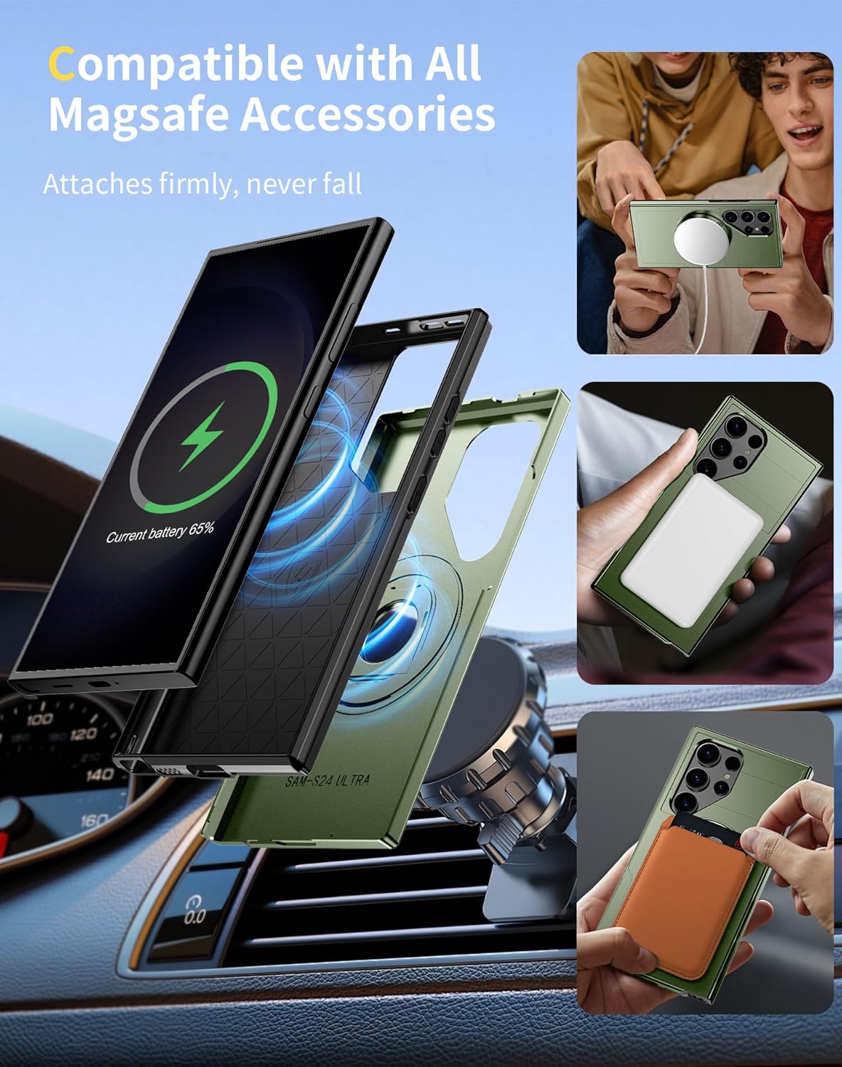 for Samsung Galaxy S24 Ultra Case Magnetic Compatible with MagSafe Wireless Charging,with 1 Screen Protector,Built-in 360° Kickstand Ring Anti-Scratch Shockproof Heavy Duty Protection Green