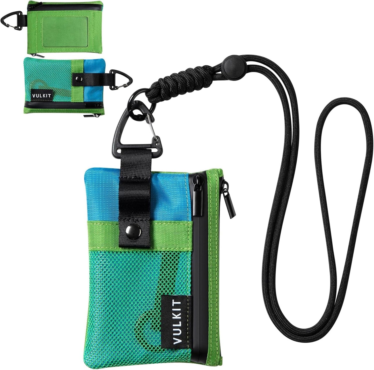 VULKIT Small RFID Wallet for Women & Men – Minimalist Zipper Wallet with ID Window, Keychain & Carabiner, Holds 15 Cards, Water Resistant Travel Lanyard Wallet Green Blue